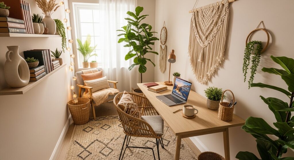 Discover inspiring small home office boho ideas to create a cozy, stylish, and productive workspace using natural textures and warm décor.