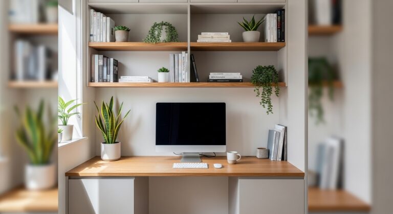 small home office built ins with desk and floating shelves